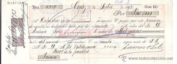 Documentos bancarios: LETRA, A&Ntilde;O 1893. ANT. SICRE, CADIZ. - Foto 1