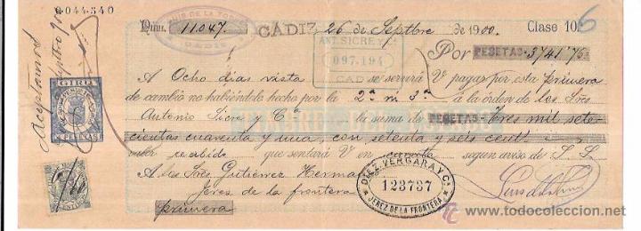 Documentos bancarios: LETRA, A&Ntilde;O 1900. LUIS DE LA TORRE. ANT. SICRE Y C&ordf;, CADIZ. - Foto 1