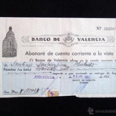 Documentos bancarios: BANCO DE VALENCIA. ABONARÉ DE CUENTA CORRIENTE A LA VISTA. MONCADA 1958. Lote 54840424