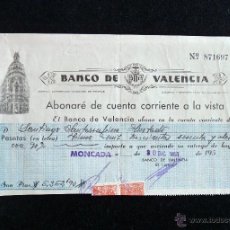 Documentos bancarios: BANCO DE VALENCIA. ABONARÉ DE CUENTA CORRIENTE A LA VISTA. MONCADA 1957 (2). Lote 54840444