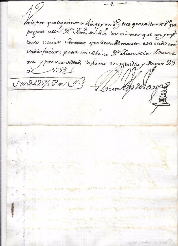Documentos bancarios: PAGAR&Eacute;, A&Ntilde;O1759. 421 REALES DE VELLON. - Foto 1