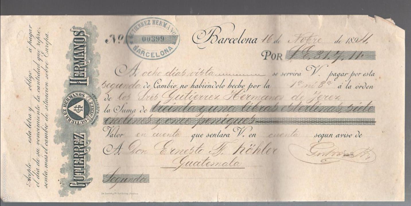 Documentos bancarios: LETRA DE CAMBIO. GUTIERREZ HERMANOS. BARCELONA. 1894 - Foto 1