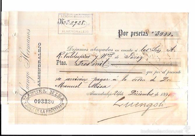 Documentos bancarios: LETRA DE CAMBIO. LUENGO HERMANOS. ALMENDRALEJO. A&Ntilde;O 1898 - Foto 1