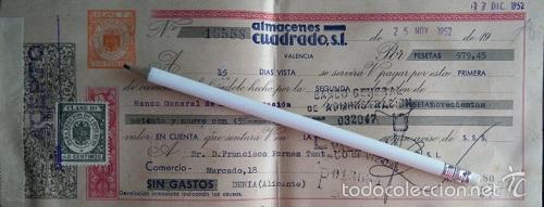 Documentos bancarios: LETRA DE ALMACENES CUADRADO VALENCIA 1952 - Foto 1