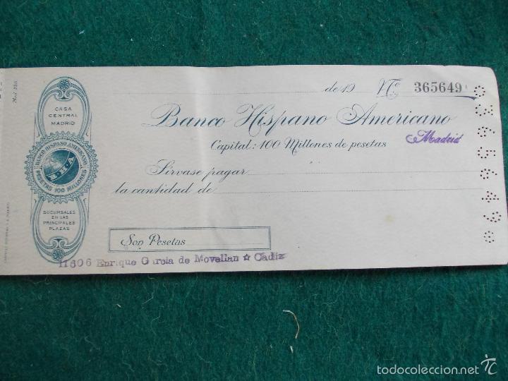 Documentos bancarios: Banco Hispano Americano Cheque a&ntilde;os 30 - Foto 1