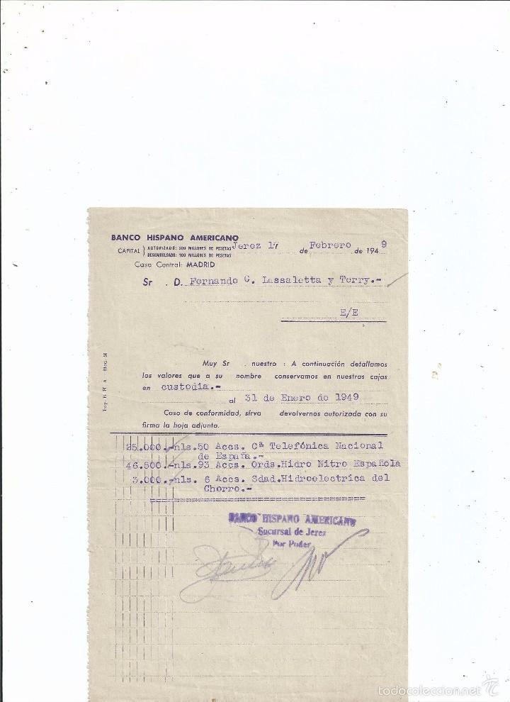 Documentos bancarios: BANCO HISPANO AMERICANO 1949 - ACCIONES - FERNANDO G. LASALETTA Y TERRY - JEREZ CADIZ