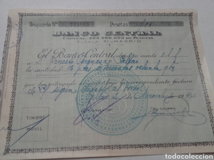 Documentos bancarios: BANCO CENTRAL. RESGUARDO A&Ntilde;O 1934. - Foto 1