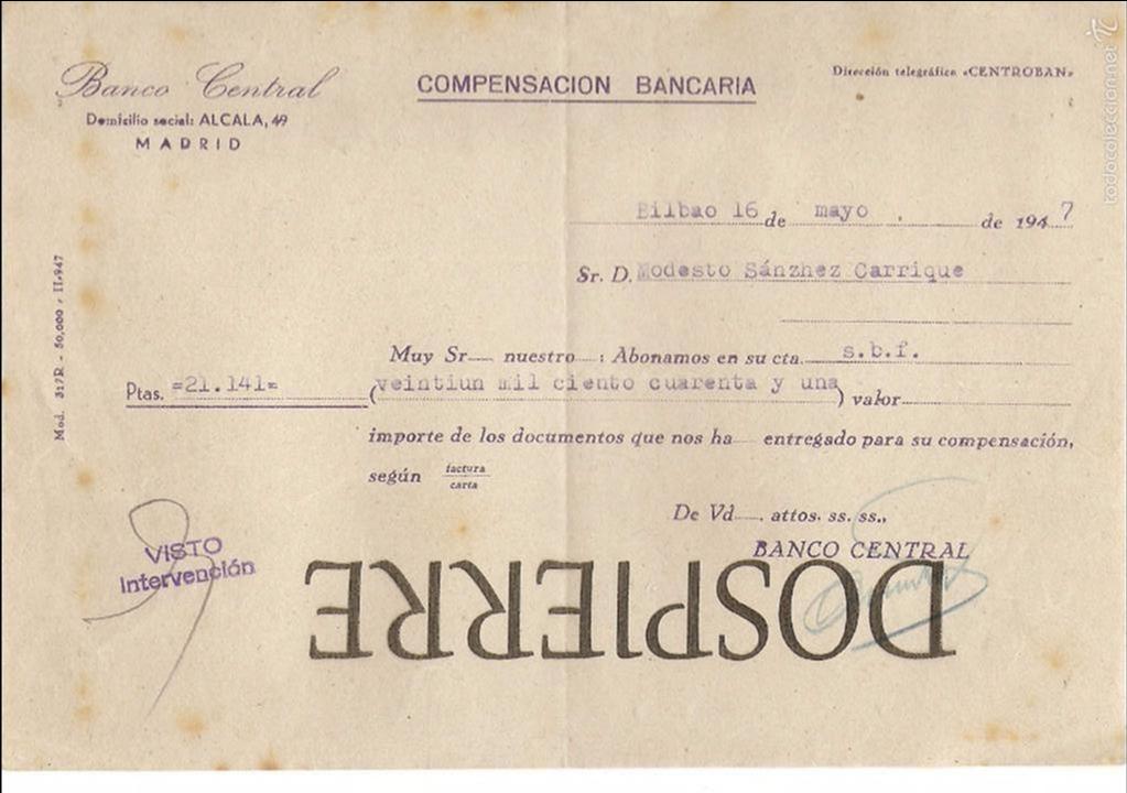 Documentos bancarios: ABONAR&Eacute;, COMPENSACI&Oacute;N BANCARIA, BANCO CENTRAL, 1947 - Foto 1