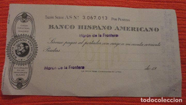 Documentos bancarios: ANTIGUO CHEQUE.BANCO HISPANO AMERICANO.MORON DE LA FRONTERA. - Foto 1