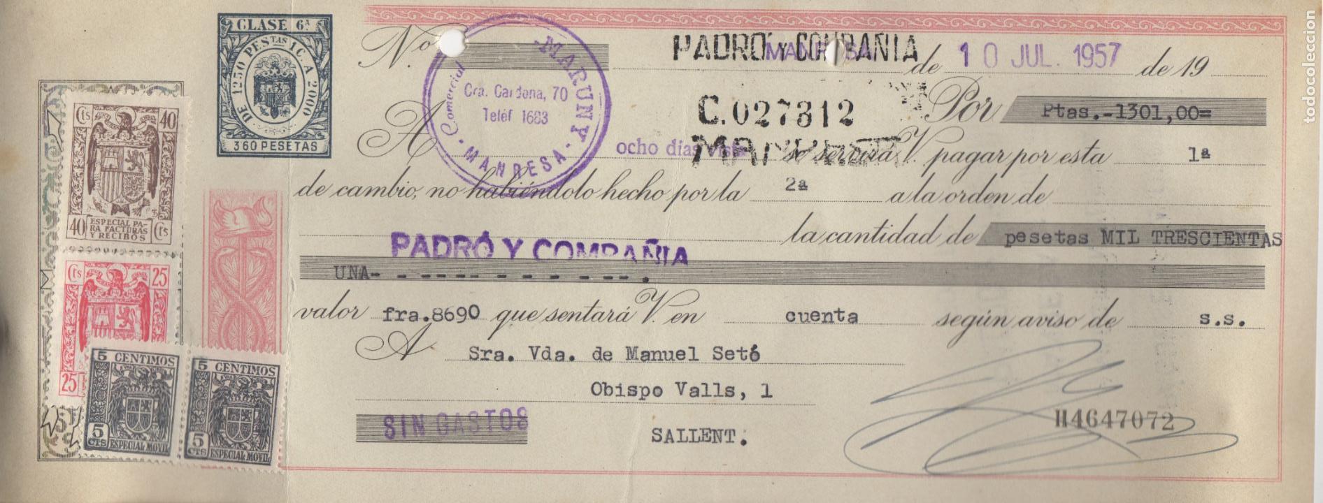 Documentos bancarios: letra de cambio 1957 - manresa - comercial maruny - Foto 1
