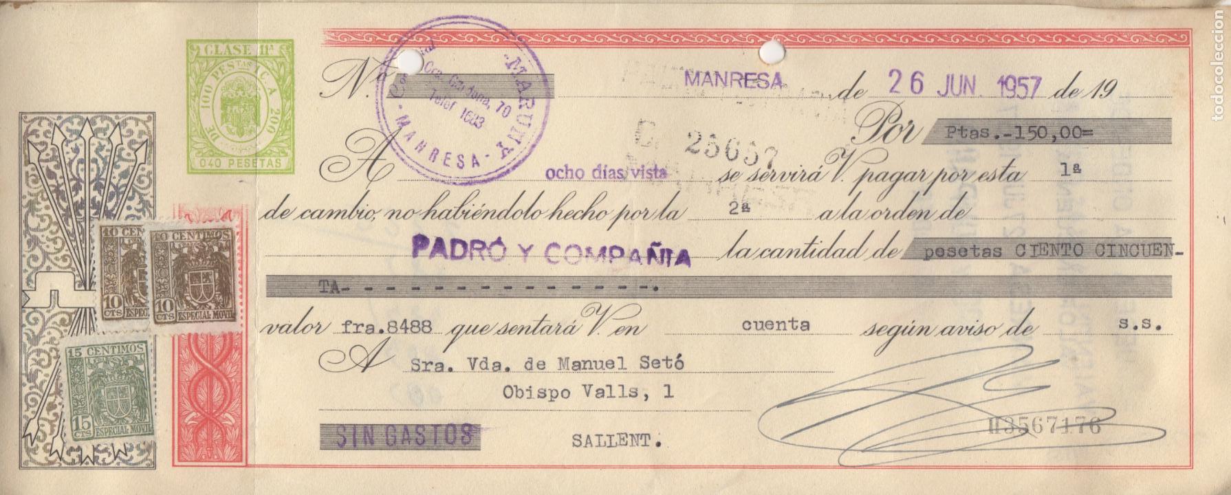 Documentos bancarios: letra de cambio 1957 - manresa - comercial maruny - Foto 1