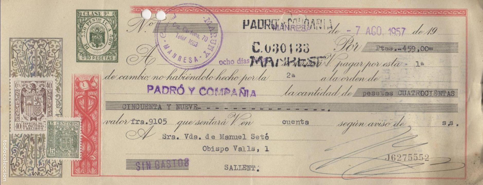 Documentos bancarios: letra de cambio 1957 - manresa - comercial maruny - Foto 1