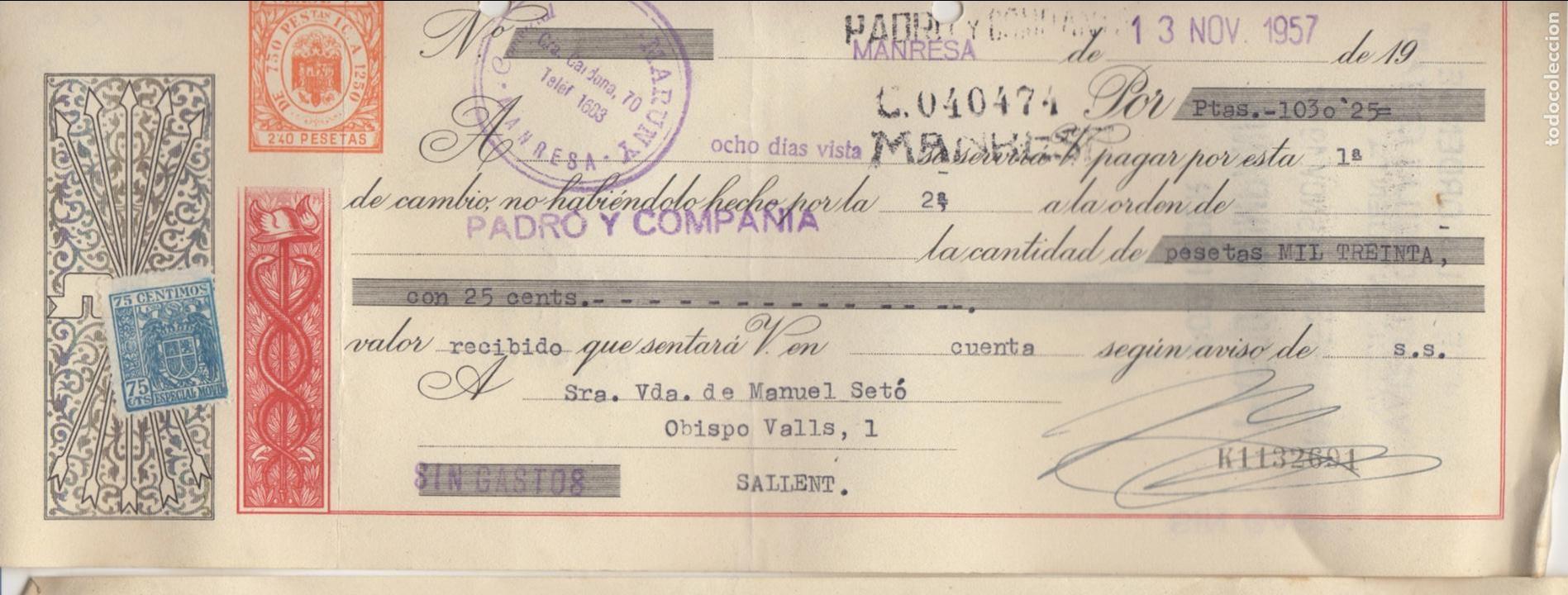 Documentos bancarios: letra de cambio 1957 - manresa - comercial maruny - Foto 1