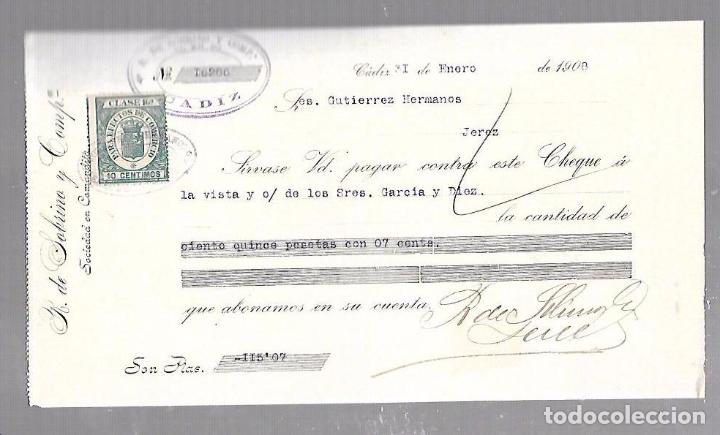 Documentos bancarios: LETRA DE CAMBIO. R. DE SOBRINO Y COMPA&Ntilde;IA. CADIZ. 1908 - Foto 1
