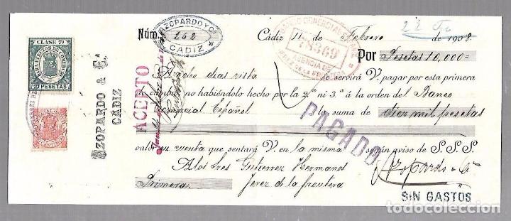 Documentos bancarios: LETRA DE CAMBIO. AZOPARDO & CIA. CADIZ. 1908 - Foto 1