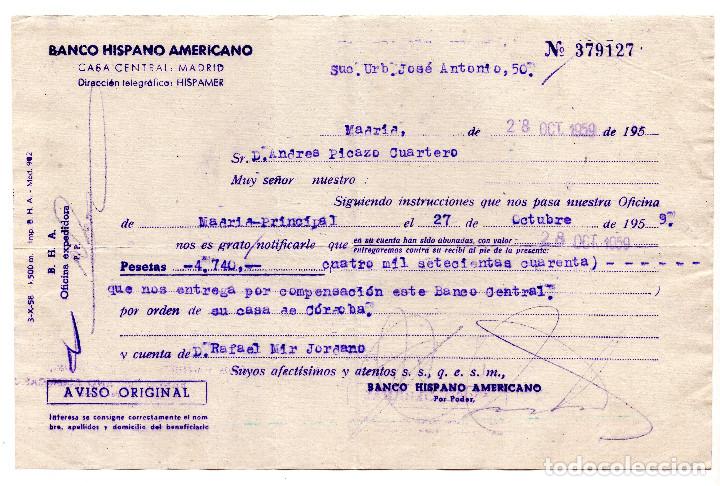 Documentos bancarios: RESGUARDO - BANCO HISPANO AMERICANO - 1959 - Foto 1