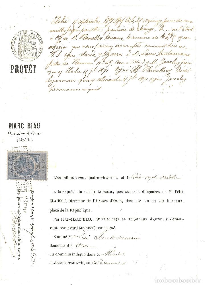 Documentos bancarios: Letra de cambio para espa&ntilde;oles. 1891. Protectorado de Or&aacute;n (Argelia) - Foto 1