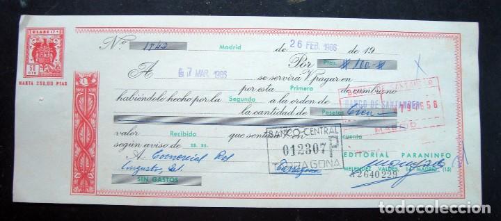 Documentos bancarios: Letra de cambio editorial paraninfo  1966 - madrid - Foto 1