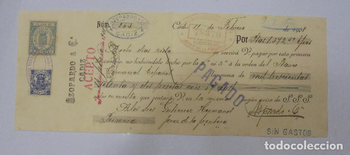Documentos bancarios: LETRA DE CAMBIO. AZOPARDO & CIA. CADIZ. 1908 - Foto 1