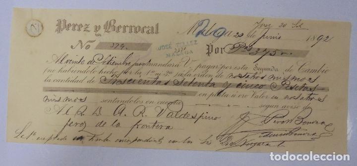 Documentos bancarios: LETRA DE CAMBIO. PEREZ Y BERROCAL. 1892. MALAGA - Foto 1