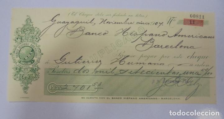 Documentos bancarios: CHEQUE. BANCO HISPANO AMERICANO. BARCELONA. 1907 - Foto 1