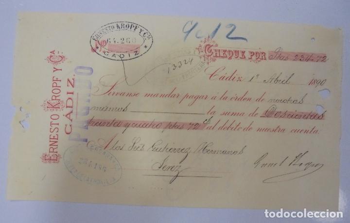 Documentos bancarios: CHEQUE. ERNESTO KROPF Y CIA. CADIZ. 1890 - Foto 1