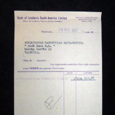 Documentos bancarios: DOCUMENTO BANK OF LONDON & SOUTH AMERICA LIMITED, VALENCIA, AÑOS 50. Lote 104631679