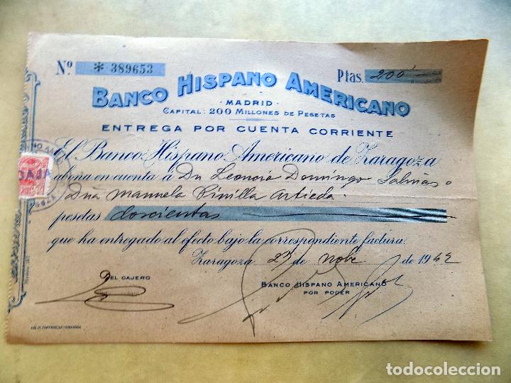 Documentos bancarios: CHEQUE. BANCO HISPANO AMERICANO. ZARAGOZA. 1943 - Foto 1