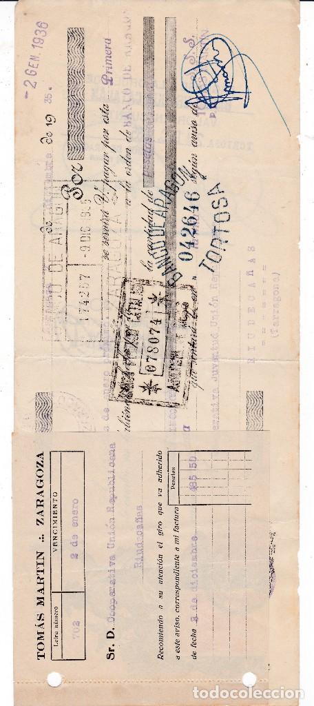 Documentos bancarios: Letra Tom&aacute;s Mart&iacute;n Zaragoza 1936 - Foto 1