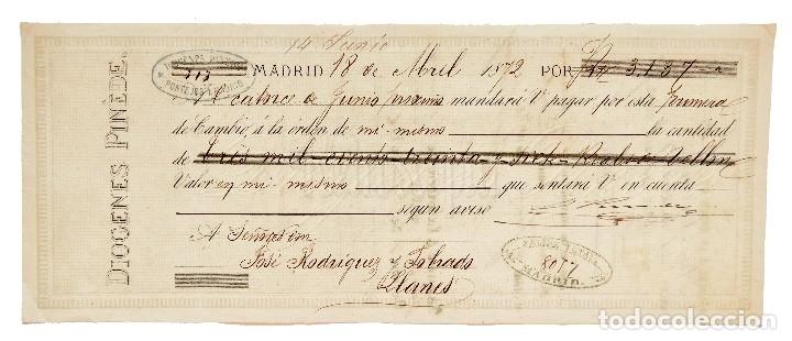 Documentos bancarios: LETRA DE CAMBIO DIOGENES PIN&Egrave;DE. MADRID 1872 - Foto 1