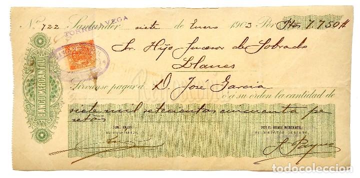 Documentos bancarios: CHEQUE BANCO MERCANTIL. SANTANDER A&Ntilde;O 1903 - Foto 1