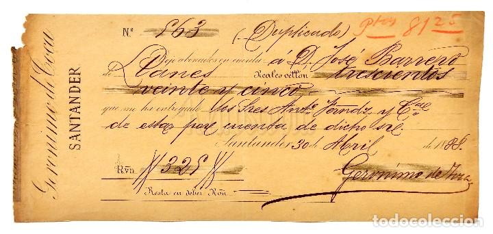 Documentos bancarios: CHEQUE GER&Oacute;NIMO DE COCA. SANTANDER A&Ntilde;O 1888 - Foto 1