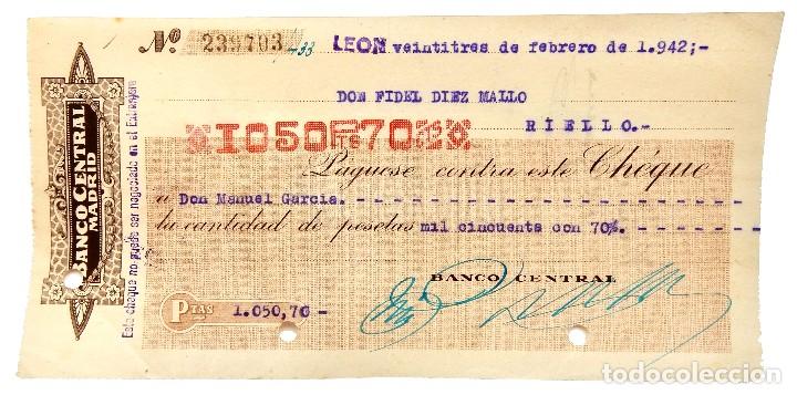 Documentos bancarios: CHEQUE BANCO CENTRAL DE MADRID. LE&Oacute;N A&Ntilde;O 1942 - Foto 1