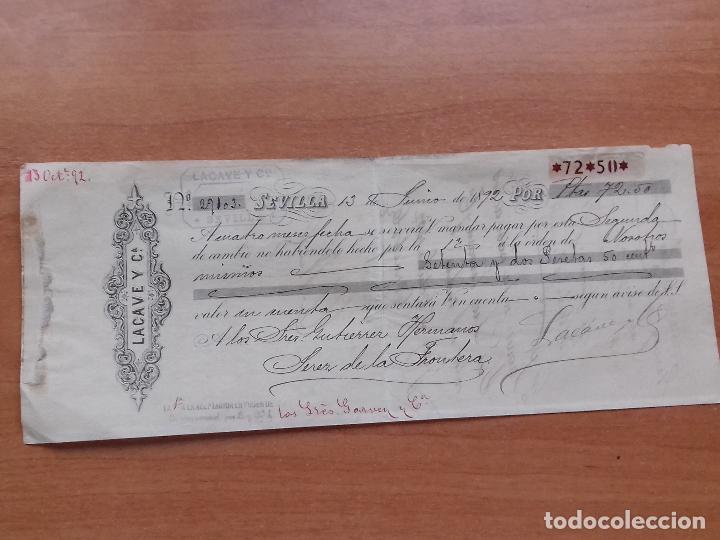 Documentos bancarios: LETRA DE CAMBIO. LACAVE Y C&ordf;. SEVILLA. 13-JUNIO-1892. - Foto 1
