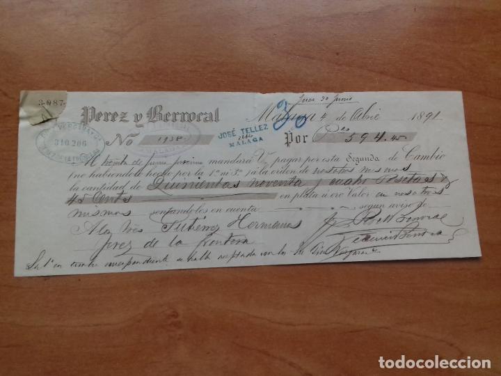 Documentos bancarios: LETRA DE CAMBIO. PEREZ Y BERROCAL. MALAGA. 4-ABRIL-1891. - Foto 1