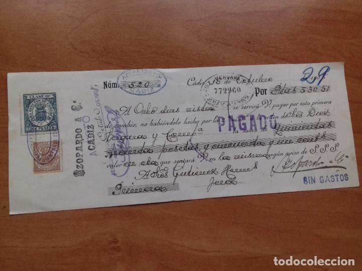 Documentos bancarios: LETRA DE CAMBIO. AZOPARDO & C.&ordf;. CADIZ. 21-OCTUBRE-1908. - Foto 1