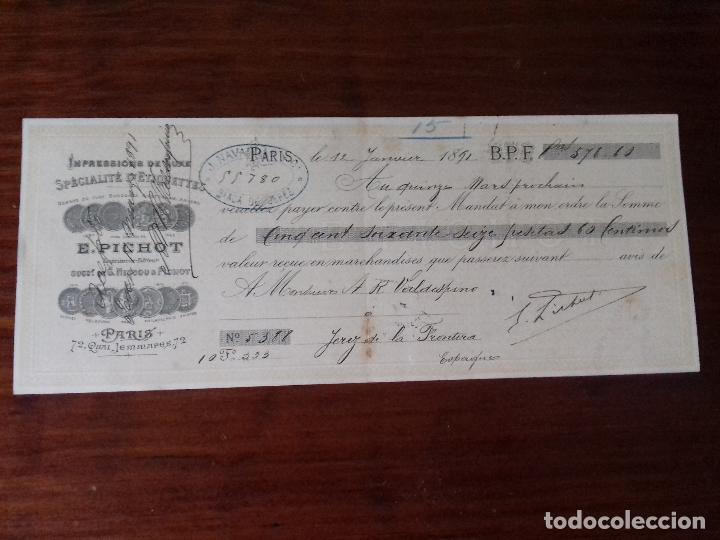 Documentos bancarios: LETRA DE CAMBIO. E.PICHOT. PARIS 12-ENERO-1891. - Foto 1