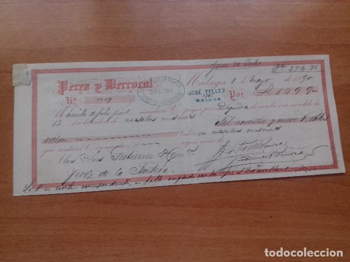 Documentos bancarios: LETRA DE CAMBIO. PEREZ.DBERROCAL. MALAGA 08-MAYO-1890. - Foto 1