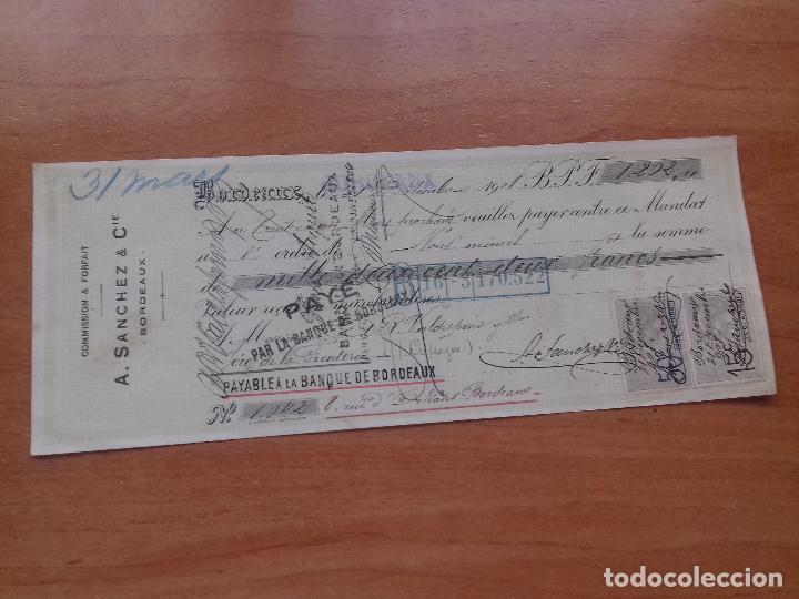 Documentos bancarios: LETRA DE CAMBIO. A. SANCHEZ &C&ordf;. BORDEAUX 21-DICIEMBRE-1908. - Foto 1