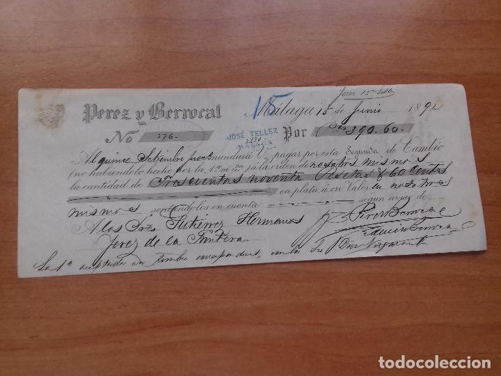Documentos bancarios: LETRA DE CAMBIO. PEREZ Y BERROCAL. MALAGA 15-JUNIO-1892. - Foto 1