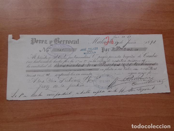 Documentos bancarios: LETRA DE CAMBIO. PEREZ Y BERROCAL. MALAGA 27-JUNIO-1891. - Foto 1