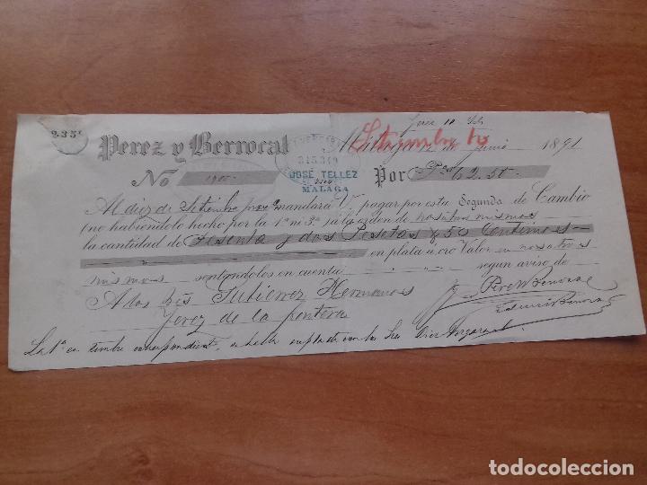 Documentos bancarios: LETRA DE CAMBIO. PEREZ Y BERROCAL. MALAGA 12-JUNIO-1891. - Foto 1