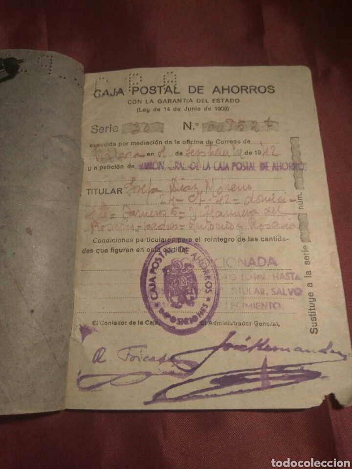 Documentos bancarios: LIBRETA AHORROS CAJA POSTAL 1942 - Foto 3