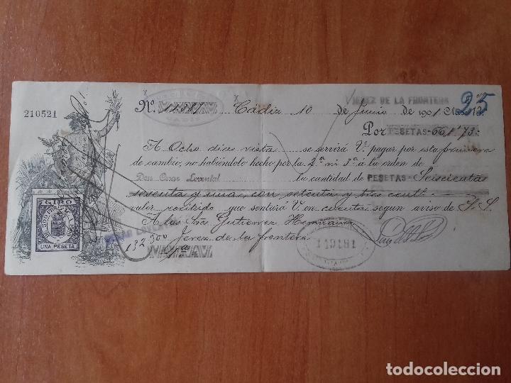 Documentos bancarios: LETRA DE CAMBIO. LUIS DE LA TORRE. CADIZ 10-JUNIO-1901. - Foto 1
