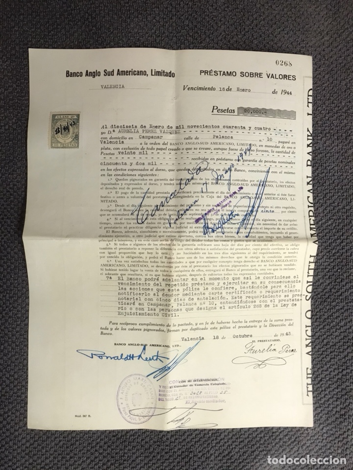 Documentos bancarios: DOCUMENTO. Pr&eacute;stamo sobre valores. Valencia, Enero de 1944. - Foto 1