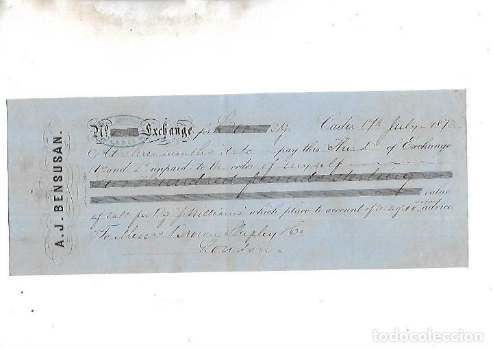 Documentos bancarios: LETRA DE CAMBIO. A.J.BENSUSAN. CADIZ. 1873 - Foto 1