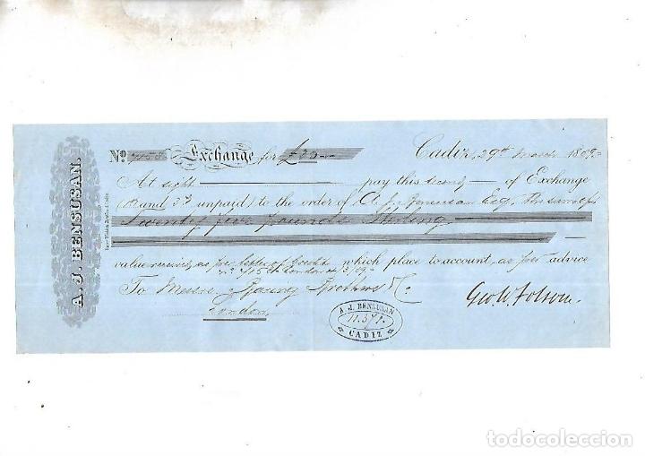 Documentos bancarios: LETRA DE CAMBIO. A.J.BENSUSAN. CADIZ. 1889 - Foto 1