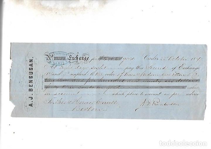 Documentos bancarios: LETRA DE CAMBIO. A.J.BENSUSAN. CADIZ. 1873 - Foto 1