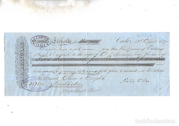 Documentos bancarios: LETRA DE CAMBIO. A.J.BENSUSAN. CADIZ. 1889 - Foto 1