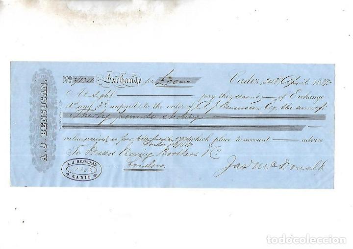 Documentos bancarios: LETRA DE CAMBIO. A.J.BENSUSAN. CADIZ. 1889 - Foto 1
